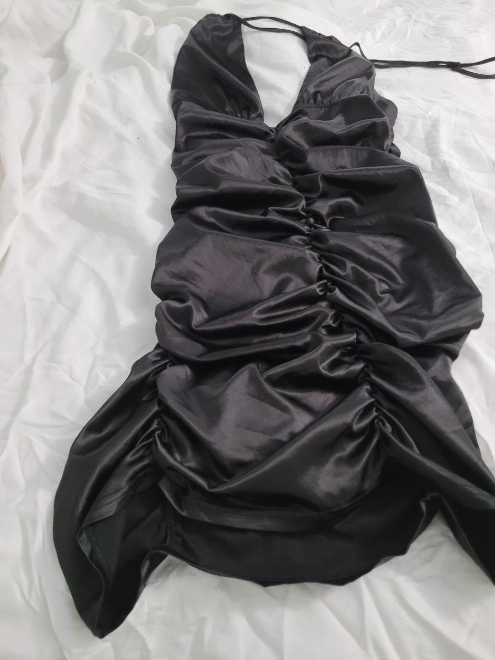 Better Be Black Satin Ruched Halter Mini Dress Bodycon Large NWT
